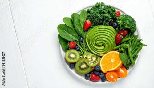 Healthy raw vegan buddha bowl with avocado rose, kale, kiwi, berries, and citrus, nutrient dense superfood for clean eating lifestyle