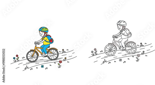 Cute Cartoon Boy Riding a Bicycle with Helmet and Backpack Coloring Page and Color Version for Kids Outdoor Activity Educational Vector Illustration