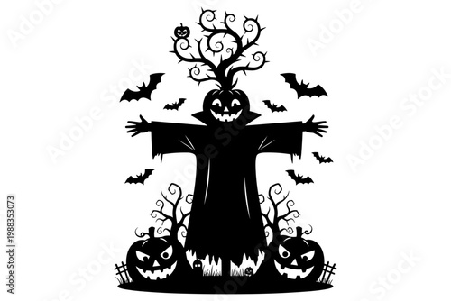 Creepy Halloween Scarecrow with Pumpkins and Bats Silhouette, Spooky Night Scene for Festive Decorations and Spooky Celebrations