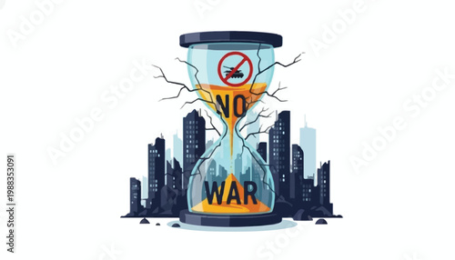No War Concept Illustration with Hourglass and Destroyed City Silhouette for Peace Advocacy