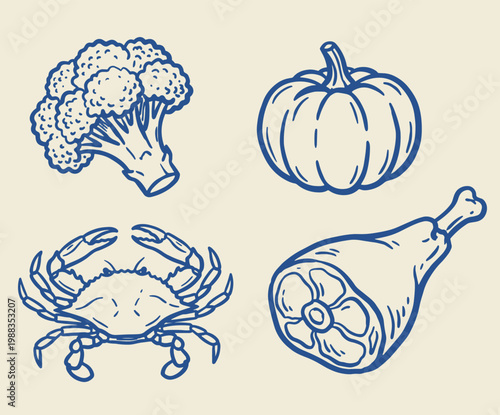 Silhouette food icons showing broccoli pumpkin crab and ham leg