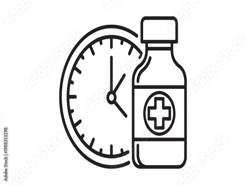 Medical timing a line drawing of a medicine bottle and clock symbolizing scheduled dosage