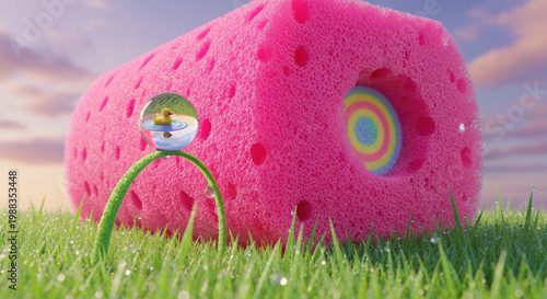 Colossal Hyperrealistic Neon-Pink Sponge Grazing on Luminous Dewy Grass, Absurd Macro Texture