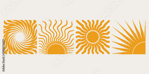 A horizontal row of four stylized, monochromatic sun illustrations in a warm ochre or mustard yellow. Set against a light beige background, each design explores a different geometric interpretation.