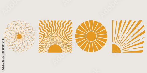 four stylized orange sun designs arranged in a row on a light background. Each sun has a distinct artistic interpretation: a spiral-rayed sun, a half-sun with wavy rays, a full sun.