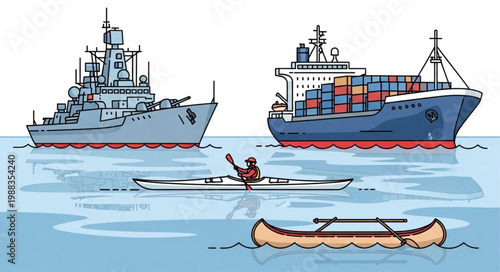 Large cargo ship and naval vessel with kayaker and canoe on water.