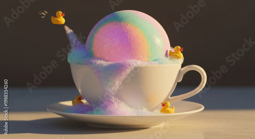 Colossal Iridescent Bath Bomb Fizzing in Tiny Teacup with Rubber Ducks Surfing Colorful Overflow at Golden Hour