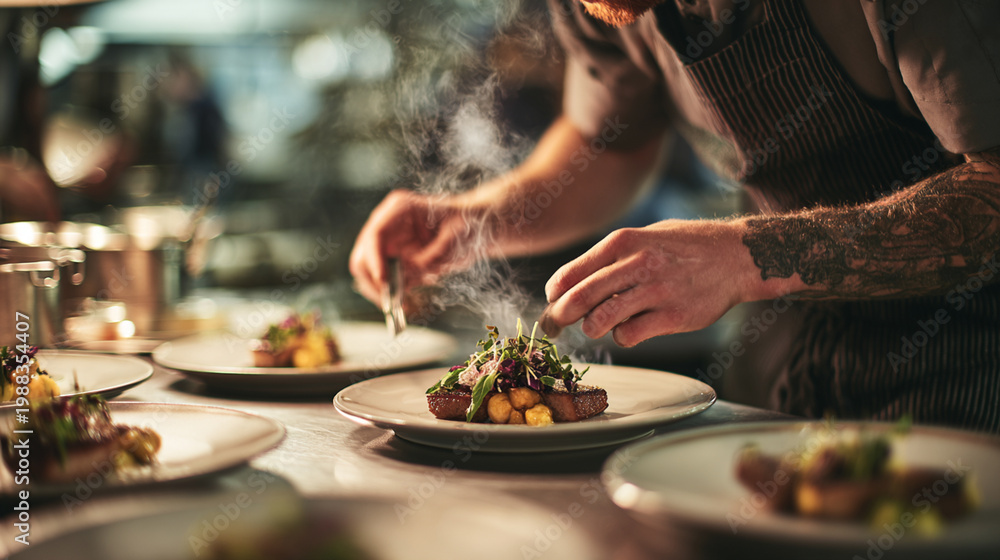 Fototapeta premium A skilled chef artfully garnishing a plate of gourmet food in a professional kitchen, showcasing culinary expertise and attention to detail with fresh ingredients.