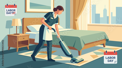 Labor Day Housekeeper Cleaning Hotel Room Vector Illustration