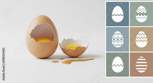 Broken Egg with Yolk and Shell Fragments Isolated on White Background.