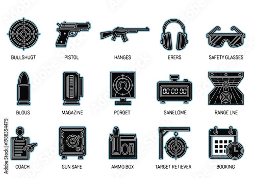 Shooting Range Icon Set with Pistol Rifle Targets and Gun Safety Equipment Vectors