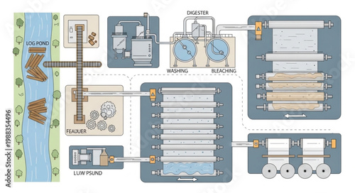 Diagram of a water treatment plant and its components.