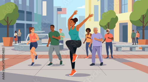 Diverse group of people exercising in a city square vector