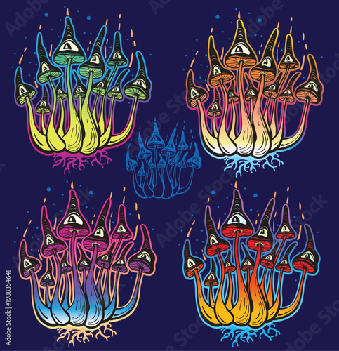 Psychedelic Mushroom Set with Eye Symbol Colorful Vector Collection