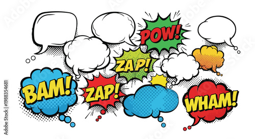 Retro comic book speech bubbles set, colorful pop art sound effects with Zap Pow Bam Wham text, vintage halftone explosion clouds vector