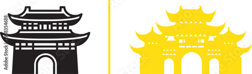 Traditional Asian gate and pavilion vector icons in black and yellow flat design for travel and culture branding