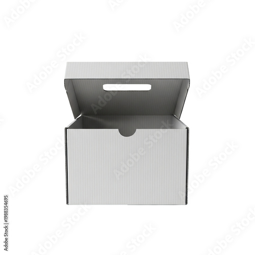 White cardboard box with open lid, empty corrugated paper storage container, minimalist packaging mockup for shipping and logistics