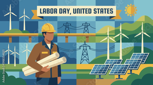 United States Labor Day Illustration with Energy Infrastructure Worker