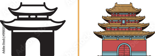 Traditional Chinese pagoda and gate vector illustration and black silhouette icon set for Asian travel and cultural design