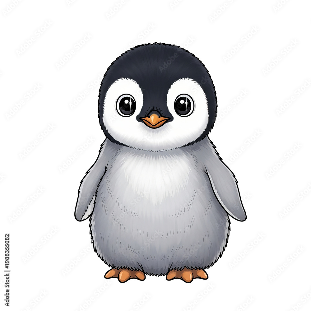 Fototapeta premium Adorable baby penguin illustration, cute fluffy penguin chick character, hand drawn arctic animal isolated on white background