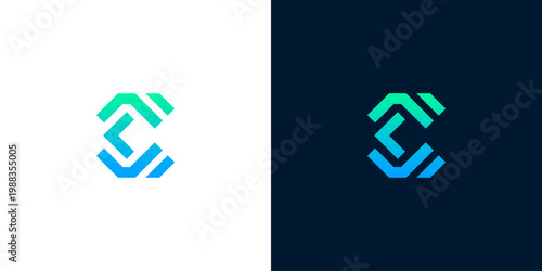 Modern Geometric 'C' Logo Design in Gradient Blue and Green on White and Dark Blue Backgrounds, Minimalist Abstract Symbol