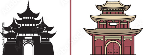 Traditional Asian pagoda temple gate vector illustration featuring black silhouette and colored flat design styles for travel and cultural branding