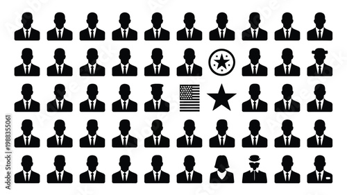 Black silhouette icons of diverse professionals in minimalist style arranged in neat grid pattern with symbols