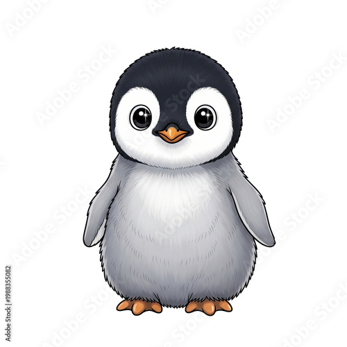 Adorable baby penguin illustration, cute fluffy penguin chick character, hand drawn arctic animal isolated on white background