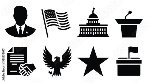 Black silhouette icons of a professional figure american flag government building podium document eagle star and flagpole for patriotic themes