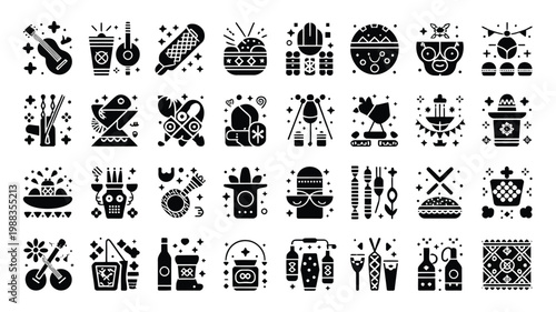 Flat vector icon bundle for cinco de mayo featuring festive symbols food drinks and traditional elements in bold black and white design