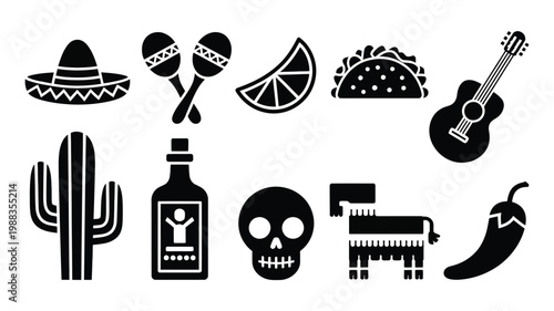 Black and white icons of mexican fiesta elements including sombrero maracas guitar tacos tequila cactus skull chili and pinata