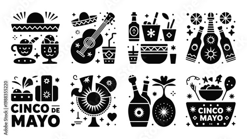 Black and white flat vector icons celebrating cinco de mayo with guitars tequila margaritas and festive decorations