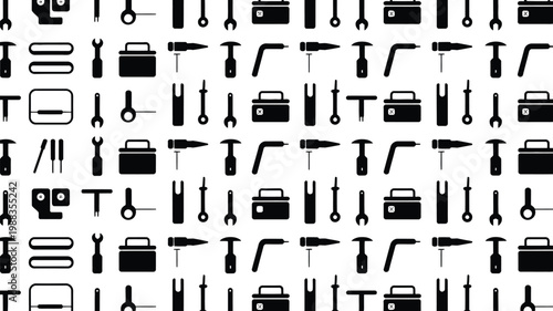 Repeating pattern of black tools and equipment silhouettes on a light gray background for industrial design