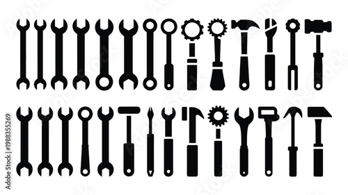 Minimalist vector icon set of industrial tools including wrenches hammers screwdrivers and pliers in black silhouette design