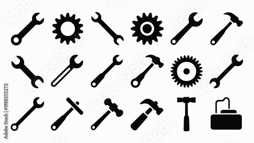 Minimalist vector set of industrial tools including wrenches gears hammers and toolbox in black and white design