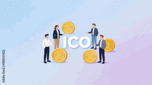 People with Bitcoin coins and ICO text
