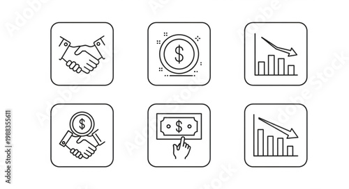 Financial Icons Representing Business Dealings and Market Decline.