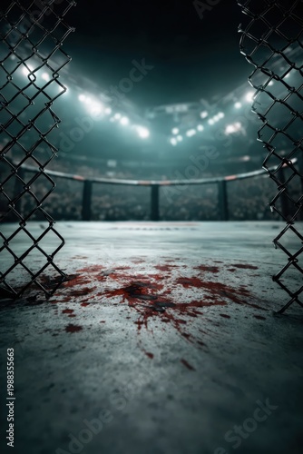 MMA cage arena with blood stains on floor after intense fight
