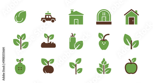 Set of Eco-Friendly Icons Representing Nature, Ecology, and Green Living Concepts