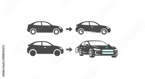 Illustration showing the evolution of vehicles from gasoline to electric cars for energy transition