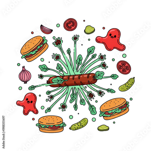 Whimsical food illustration burgers hot dogs pickles tomatoes
