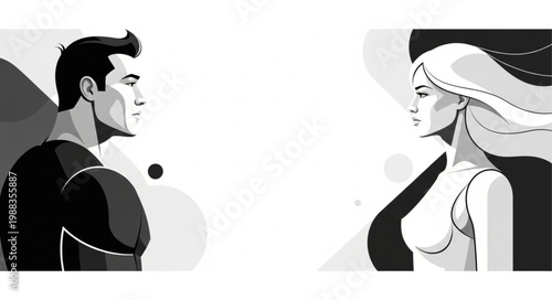 Man and Woman Profile Silhouettes Facing Each Other.