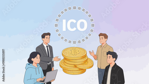 People discussing cryptocurrency with coins