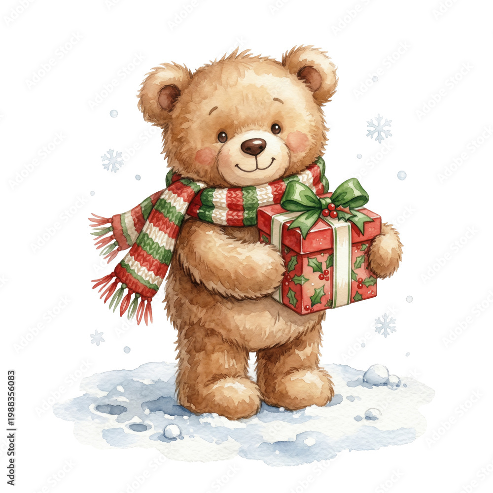 Naklejka premium Watercolor illustration of cute teddy bear with gift box and scarf in winter snow isolated on white or transparent background