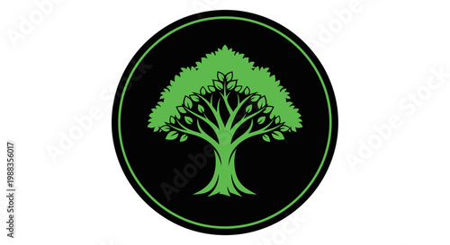Minimalist Green Tree Logo on Black Circle: A Graphic Design Illustration for Nature Themes