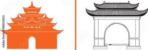 Traditional Asian pagoda and gate vector illustration set featuring orange silhouette and black line art for travel and cultural design