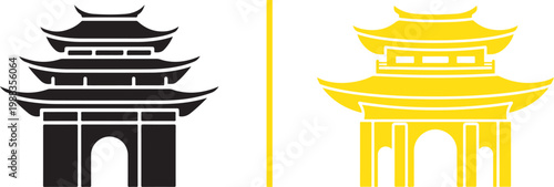 Traditional Asian pagoda temple gate vector icons in black and yellow flat design for travel and culture branding