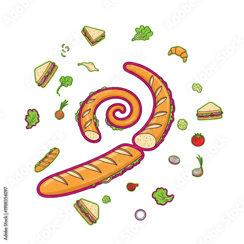 Cartoon spiral sandwich baguette with fresh ingredients illustration