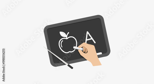 Chalkboard illustration depicts apple, A, hand and pointer, symbolizing education and teaching