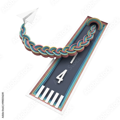 Paper airplane on colorful braided path to abstract runway